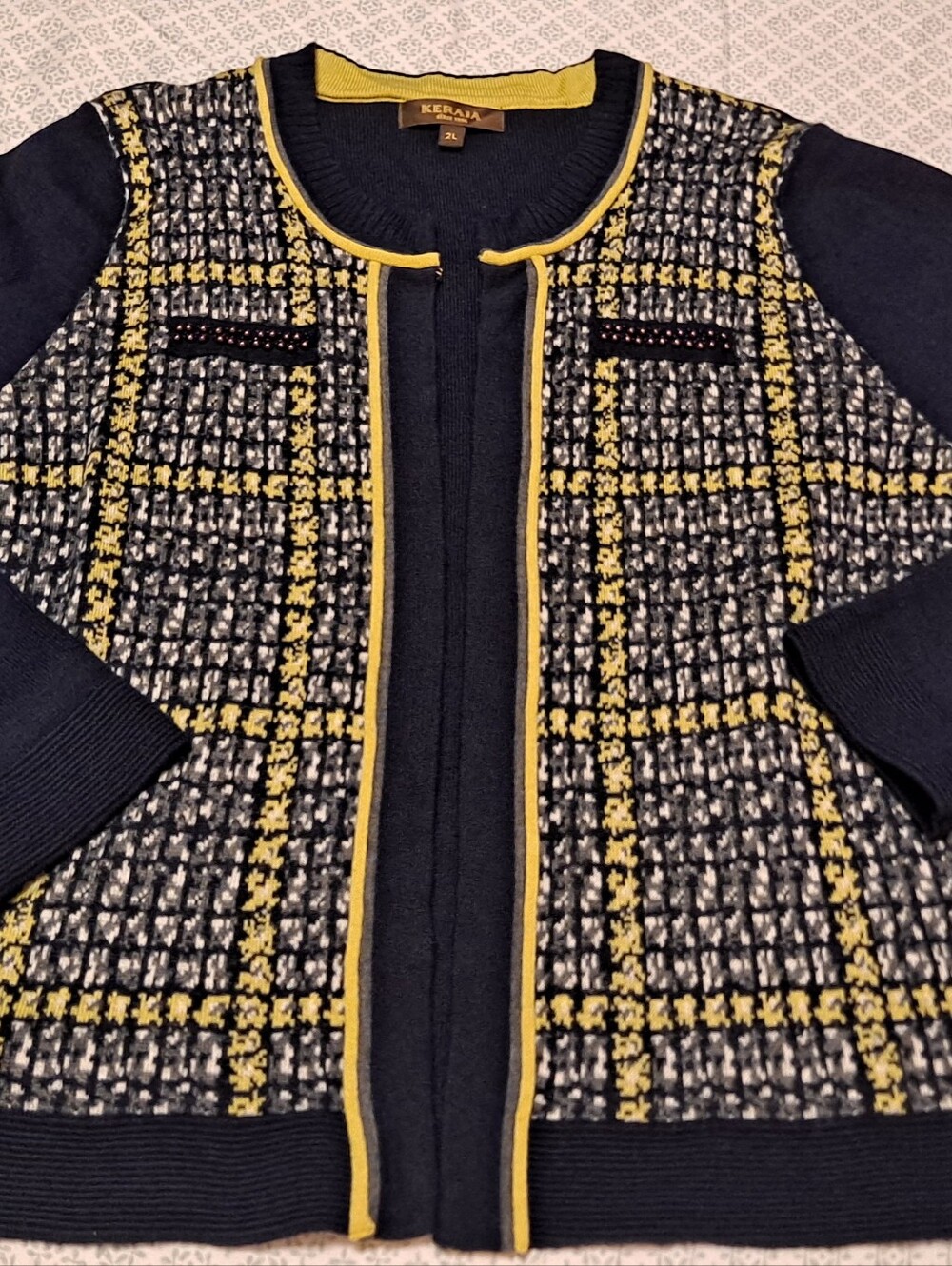 Keraia  Navy & Yellow Tweed Open-Front Cardigan Sz 2L